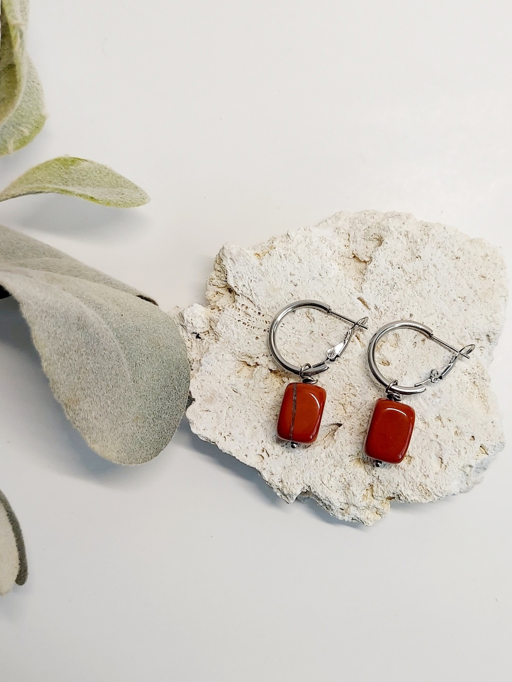 Sterling Steel Hoop Earrings with Red Jasper Stone Drop